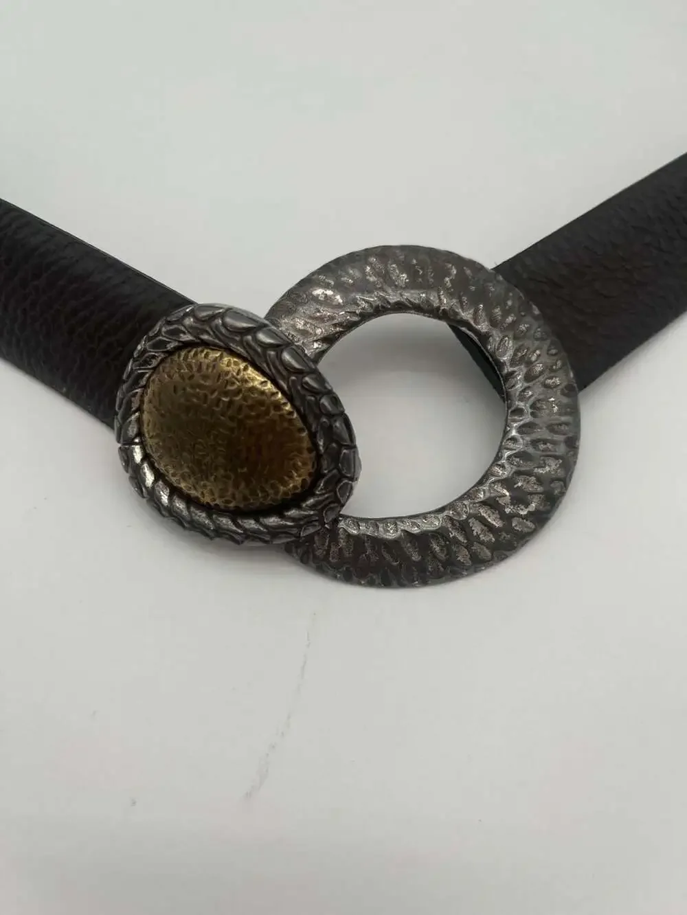 Chico's Black Genuine Leather Adjustable Belt Textured Silver Gold-Tone Buckle